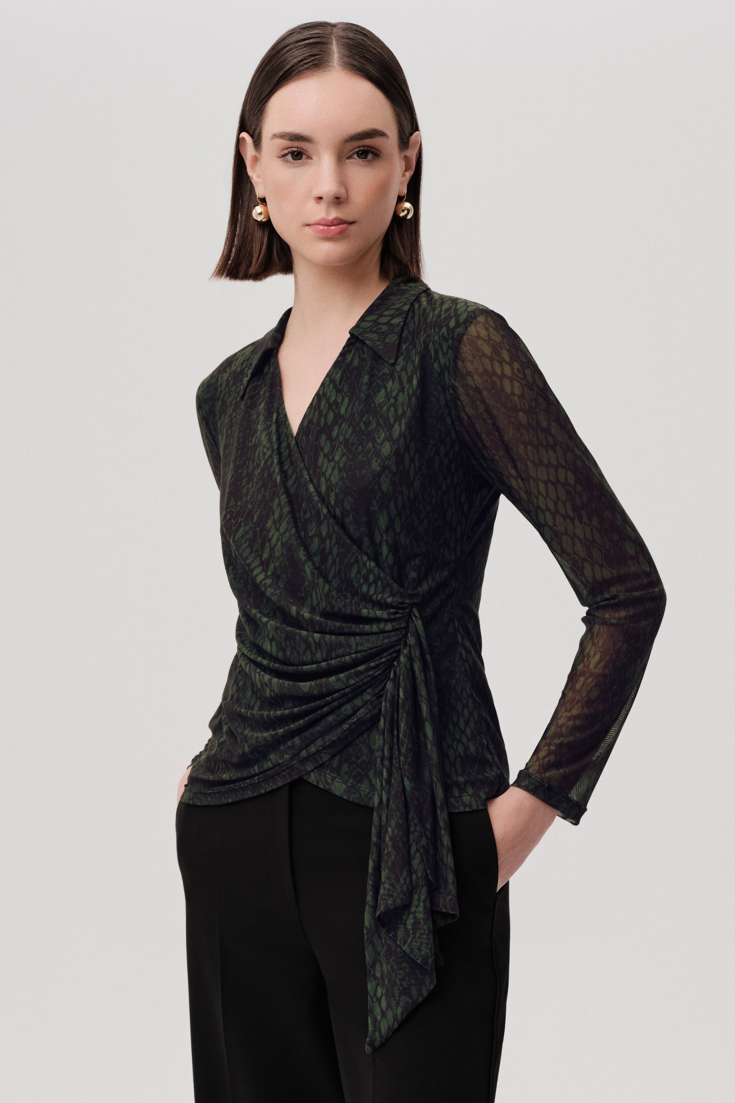 Green Slim Fit Mesh Blouse with Snake Print, Wrap Front, and Long Sleeves