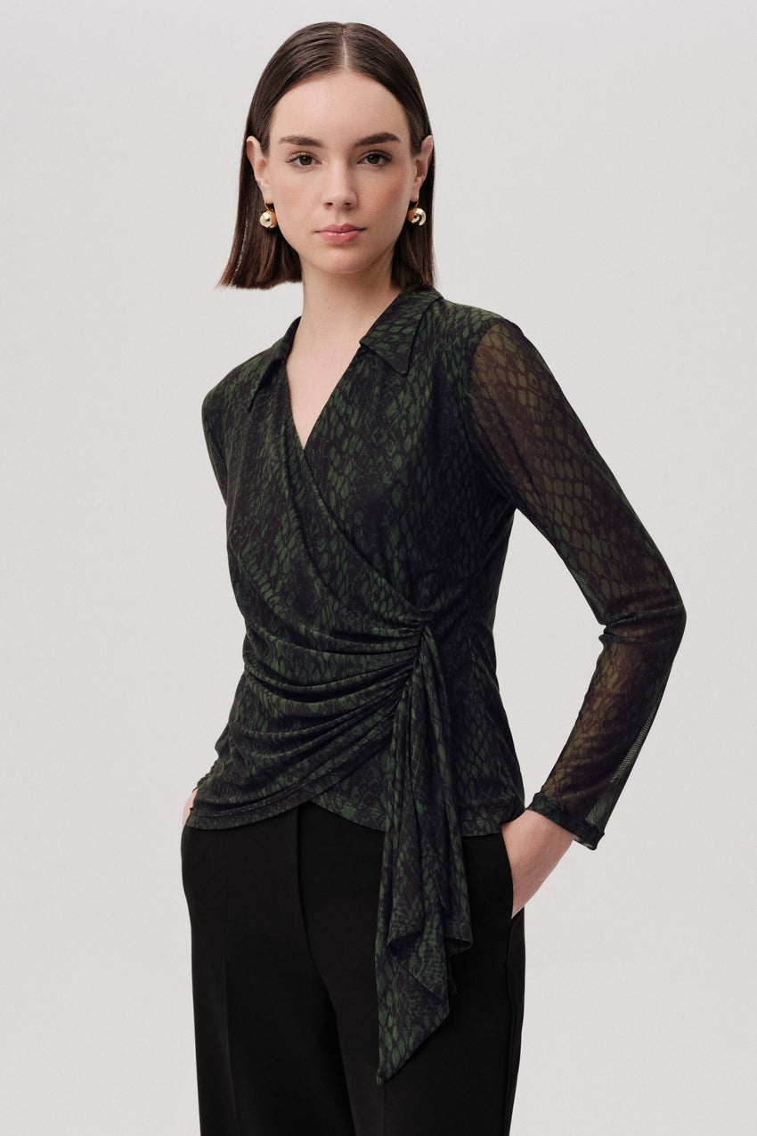 Green Slim Fit Mesh Blouse with Snake Print, Wrap Front, and Long Sleeves