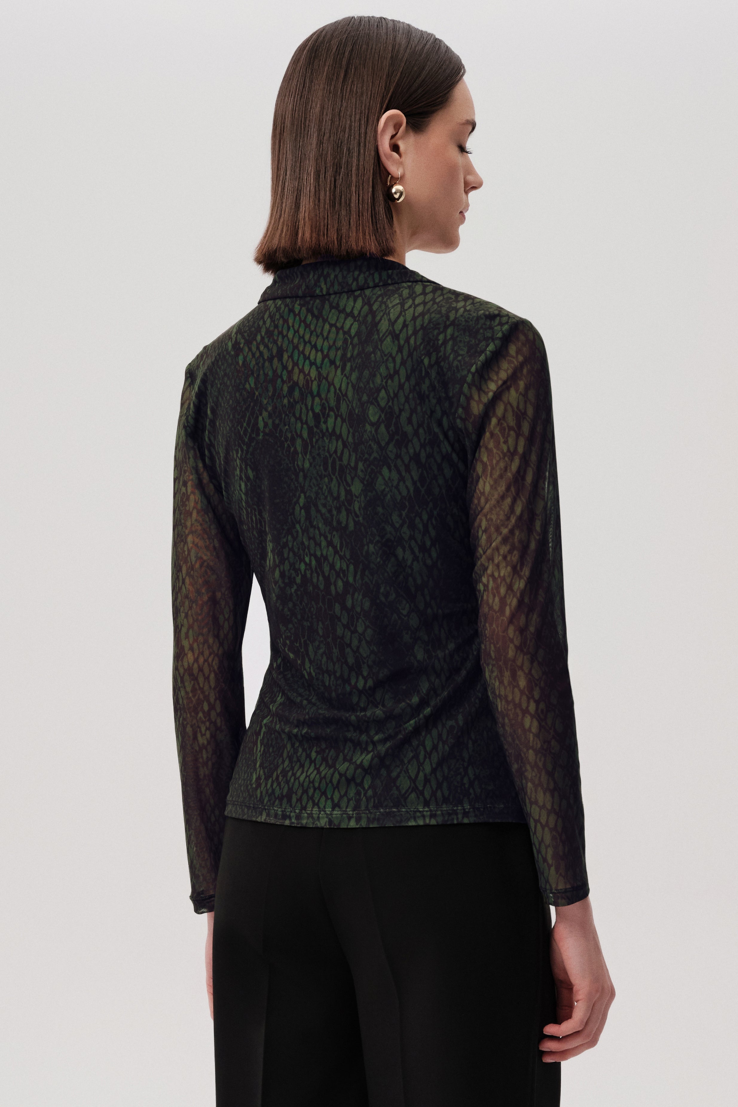 Green Slim Fit Mesh Blouse with Snake Print, Wrap Front, and Long Sleeves