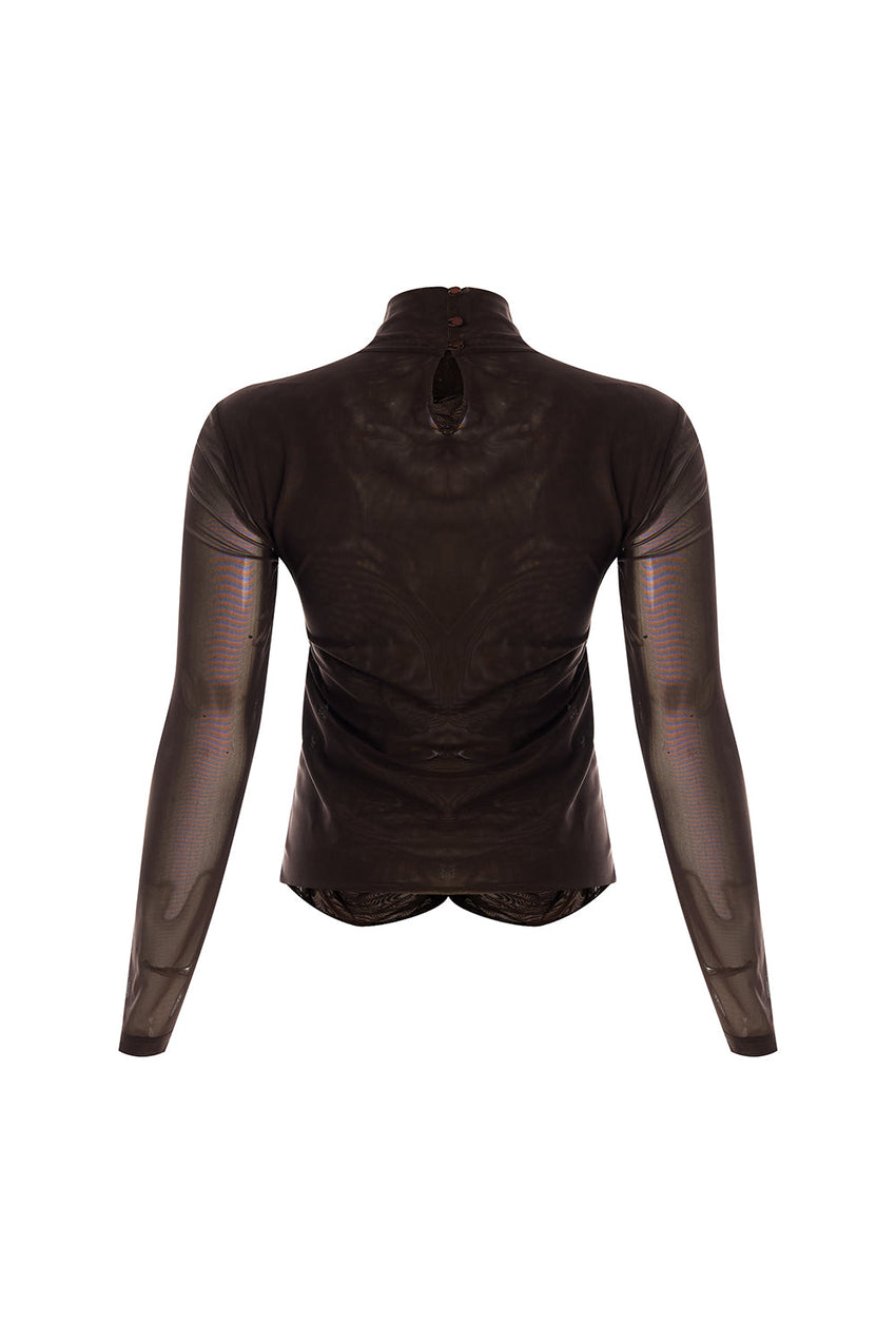Drew Draped Mesh Turtleneck Blouse