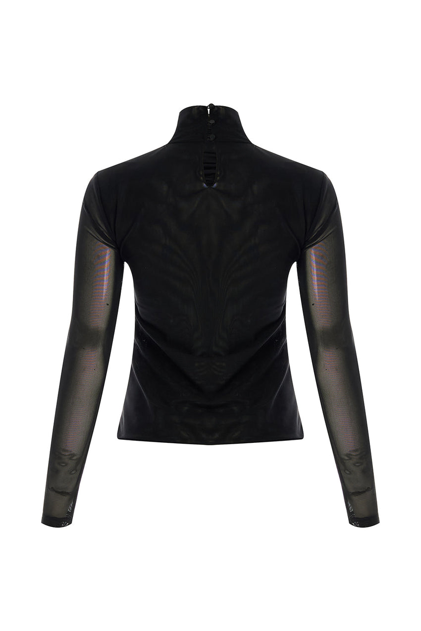 Drew Draped Mesh Turtleneck Blouse