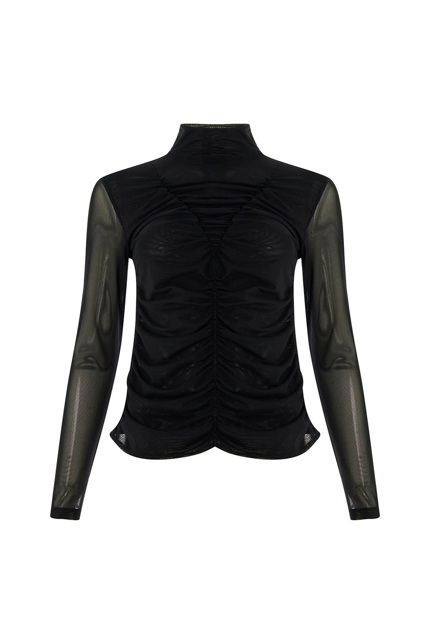 Drew Draped Mesh Turtleneck Blouse