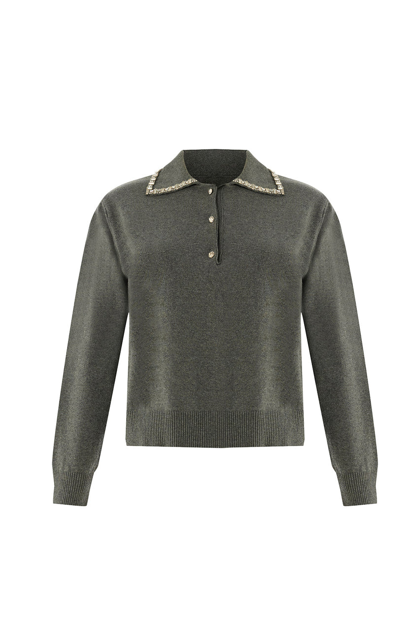 Maleah Pearl Trim Collar Long Sleeve Sweater