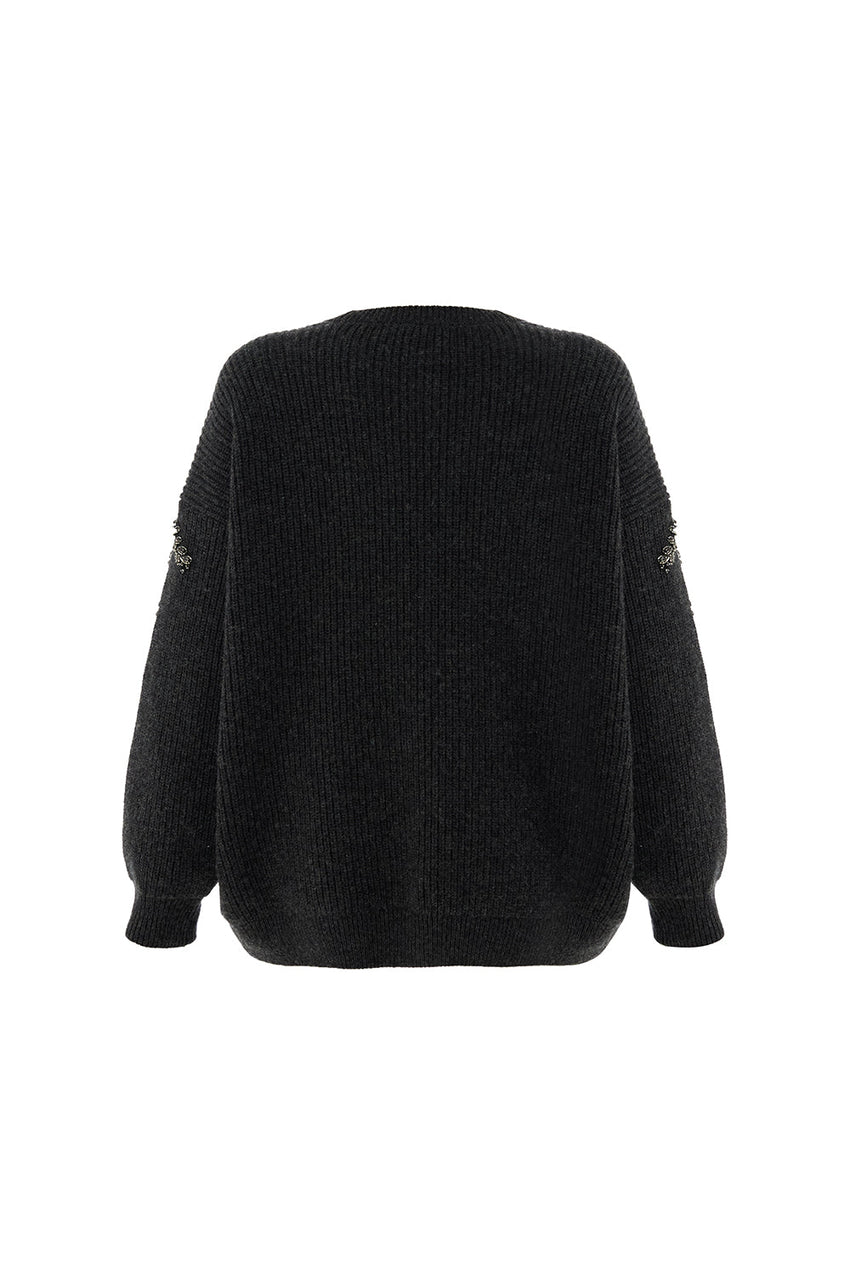 Grace Crew Neck Long Sleeve Sweater with Beaded Sleeves