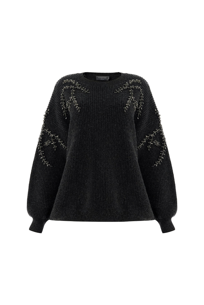 Grace Crew Neck Long Sleeve Sweater with Beaded Sleeves