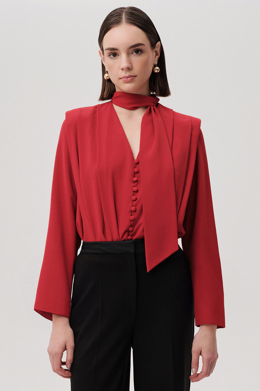 Sandy Red V-Neck Long Sleeve Bodysuit with Draped Front