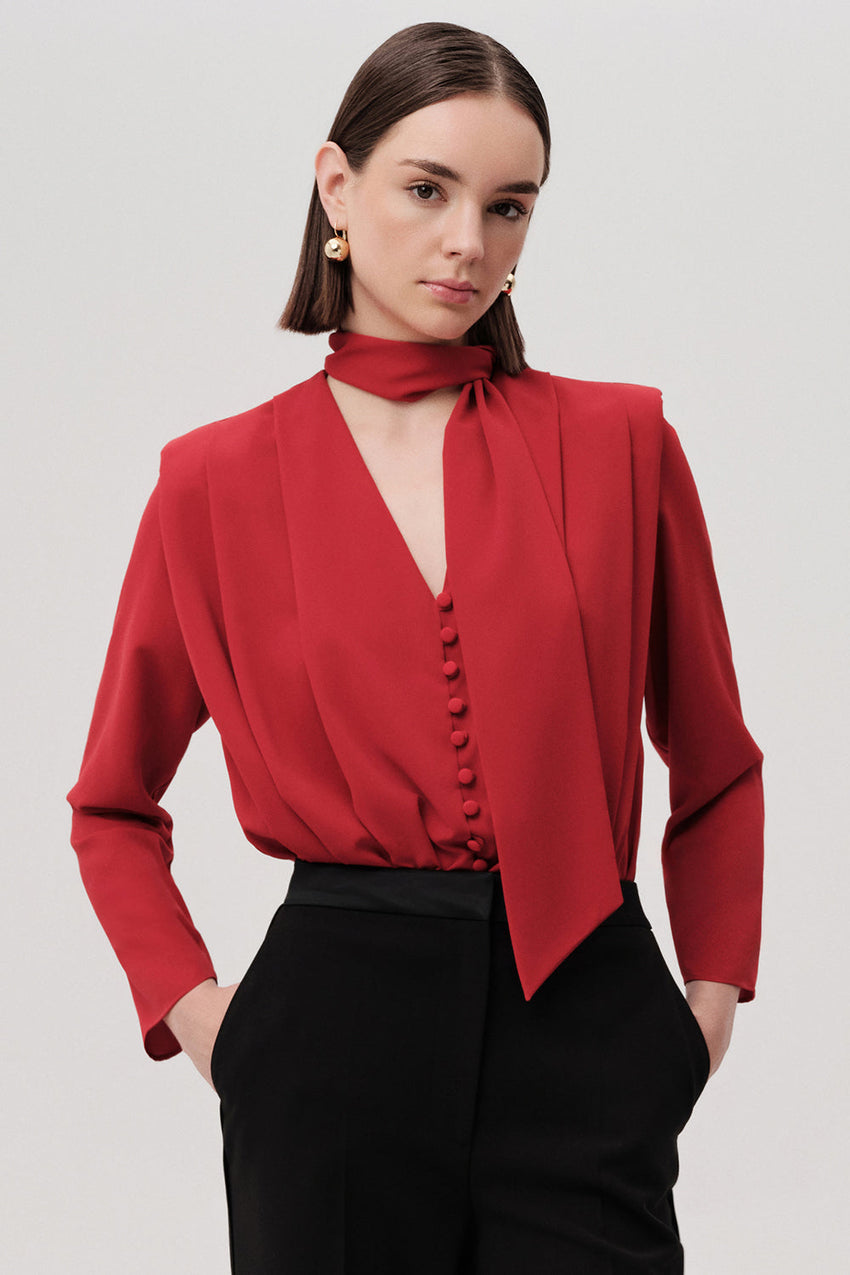 Sandy Red V-Neck Long Sleeve Bodysuit with Draped Front