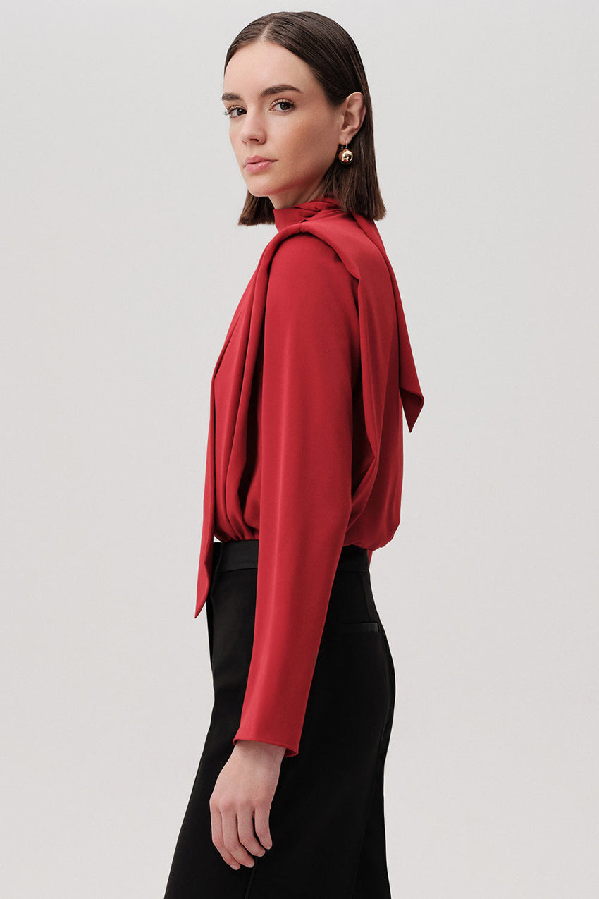 Sandy Red V-Neck Long Sleeve Bodysuit with Draped Front