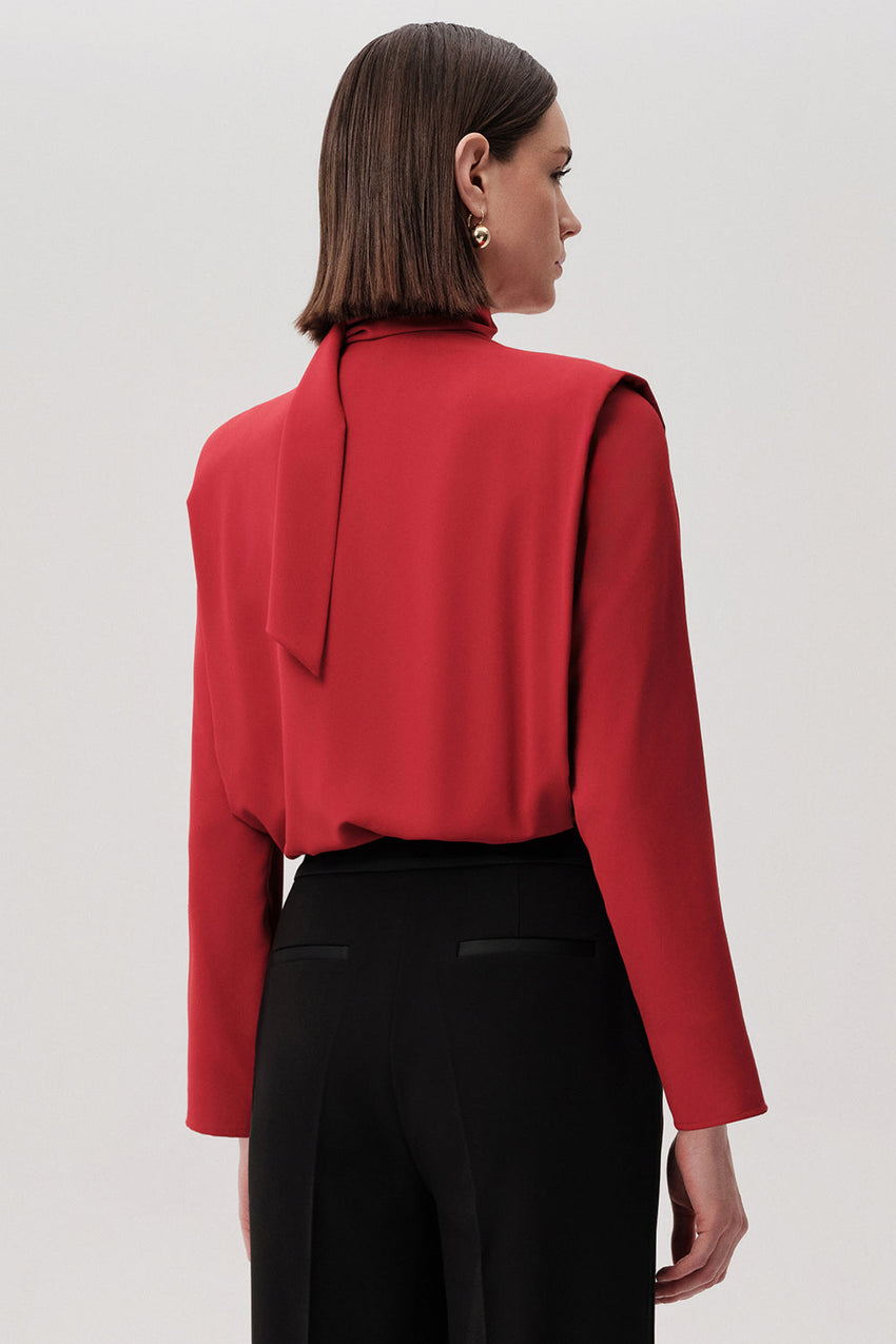 Sandy Red V-Neck Long Sleeve Bodysuit with Draped Front