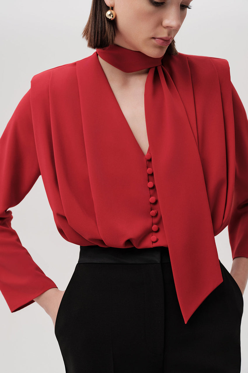 Sandy Red V-Neck Long Sleeve Bodysuit with Draped Front