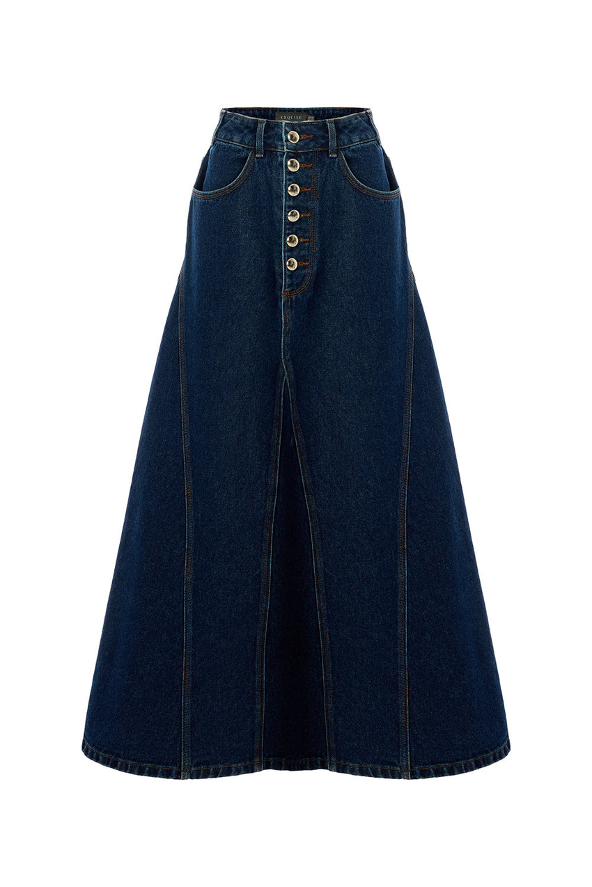 Araya Indigo Denim Maxi Skirt with Pockets