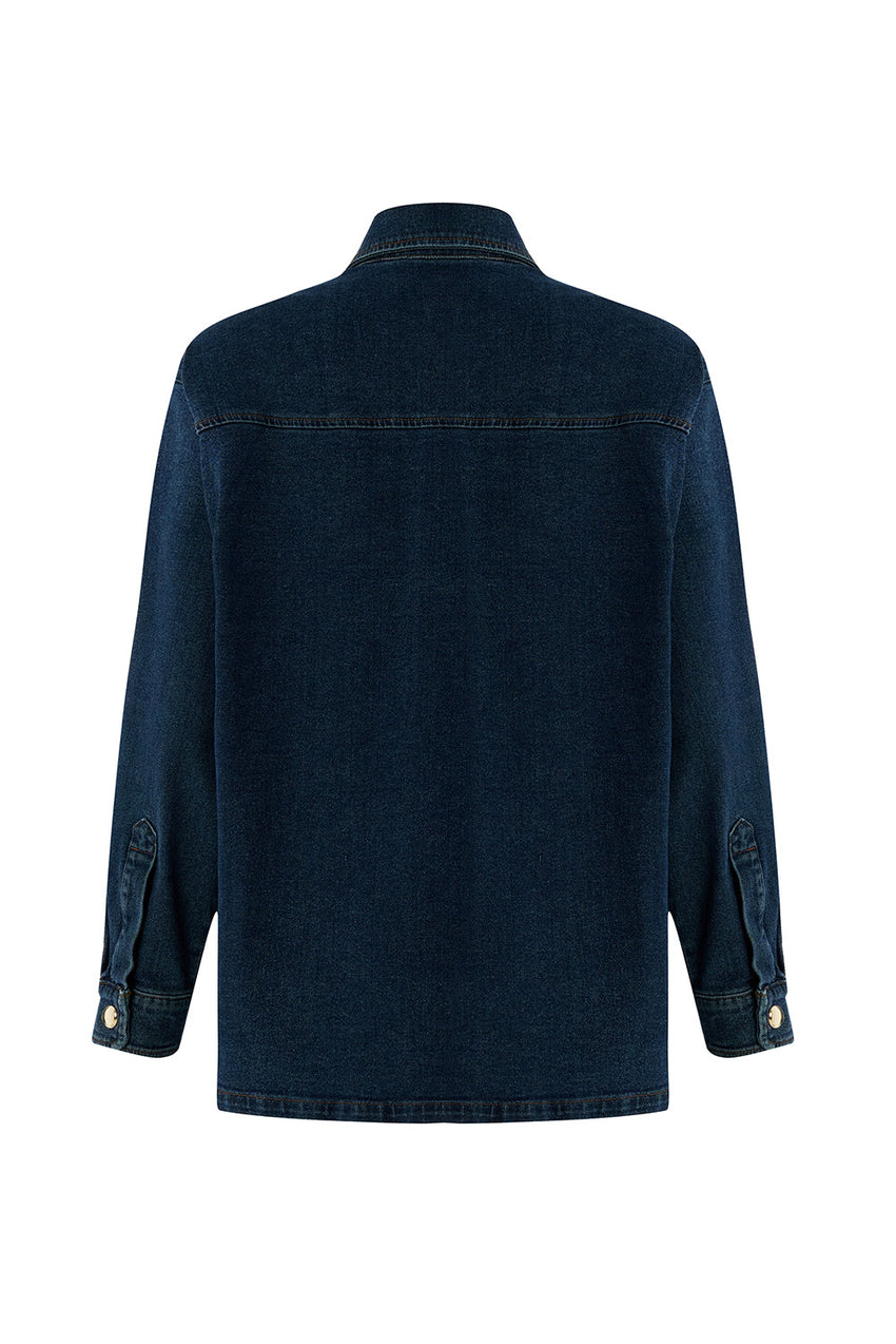 Salma Indigo Denim Shirt Collar Jacket with Pockets