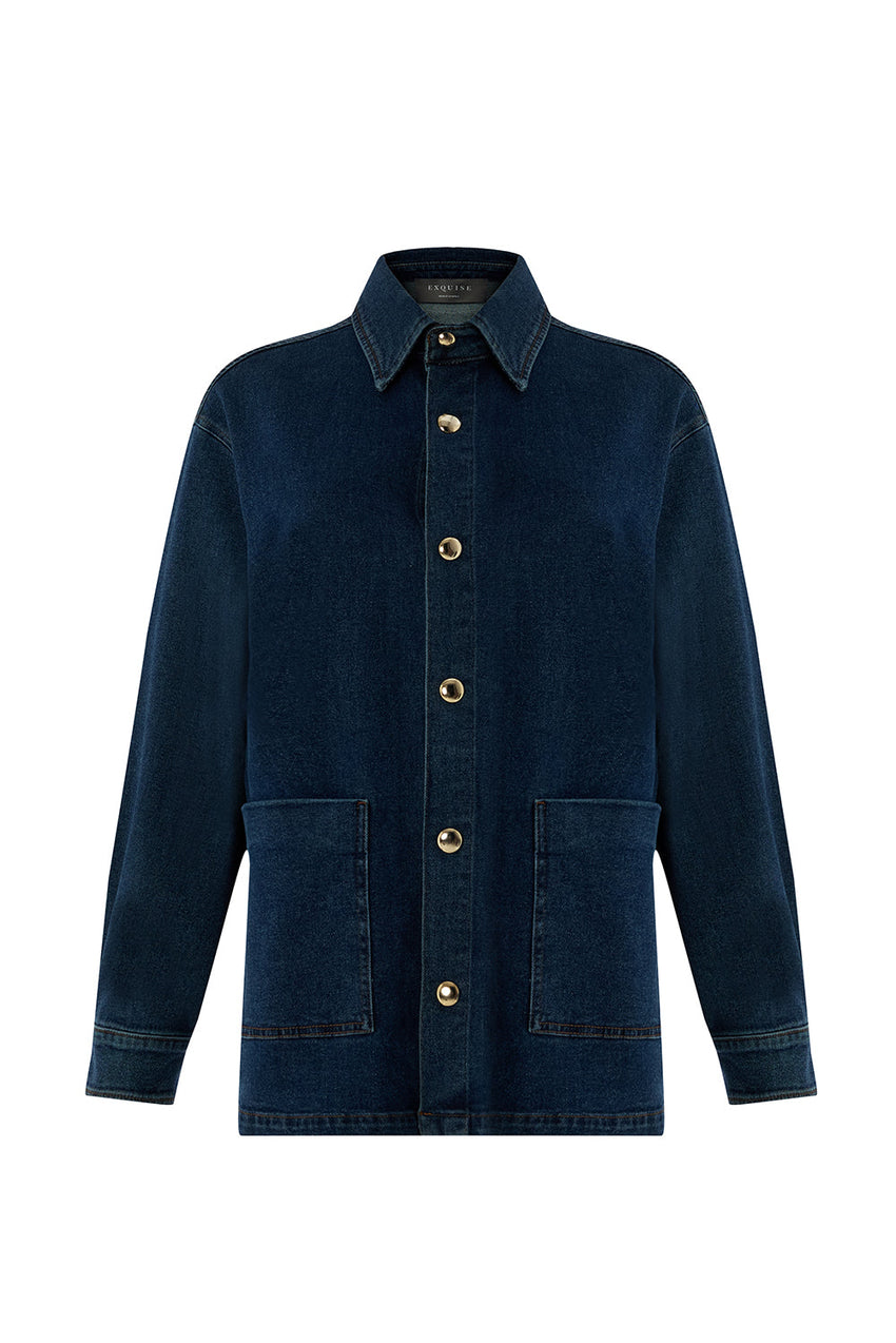 Salma Indigo Denim Shirt Collar Jacket with Pockets