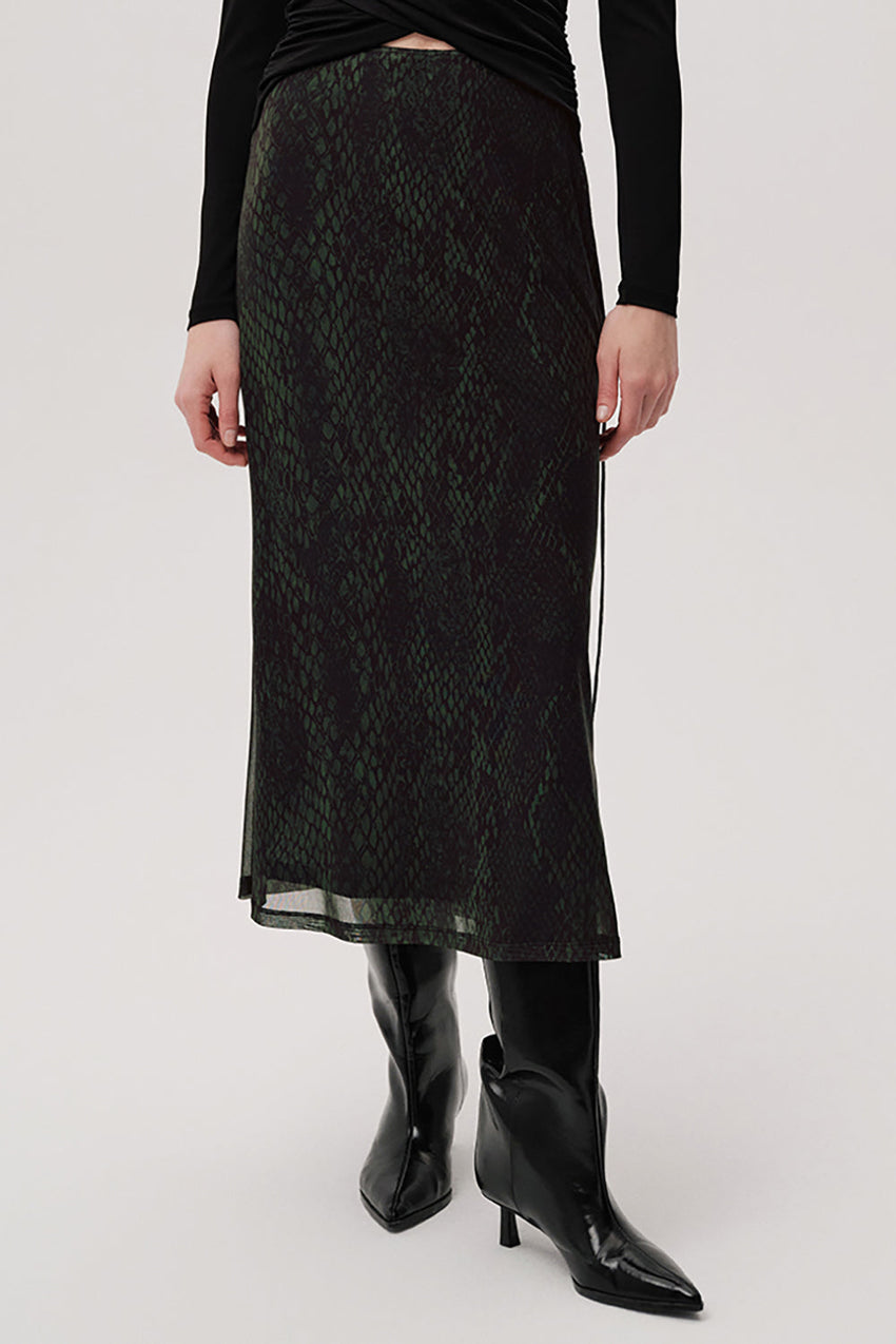 Snake Print Slim Fit Tulle Midi Green Skirt Green Black