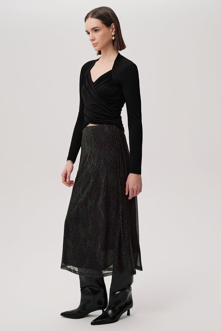 Snake Print Slim Fit Tulle Midi Green Skirt Green Black