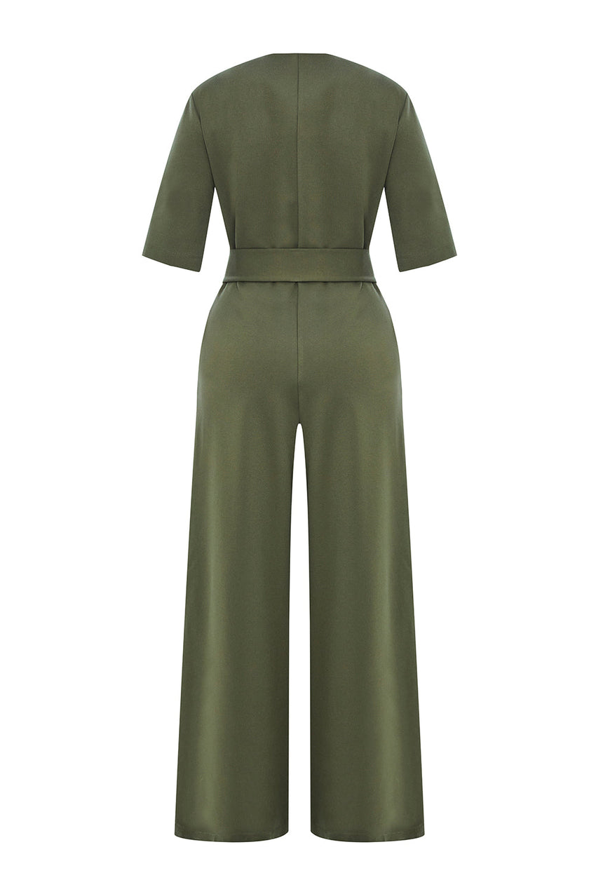 Cynthia Short Sleeve V-Neck Knit Jumpsuit with Pockets