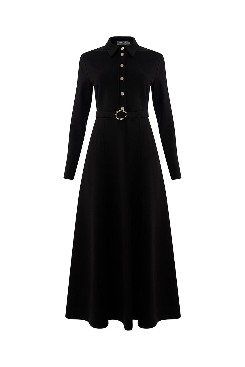 Georgina Long Sleeve Shirt Collar Knit Dress with Pockets