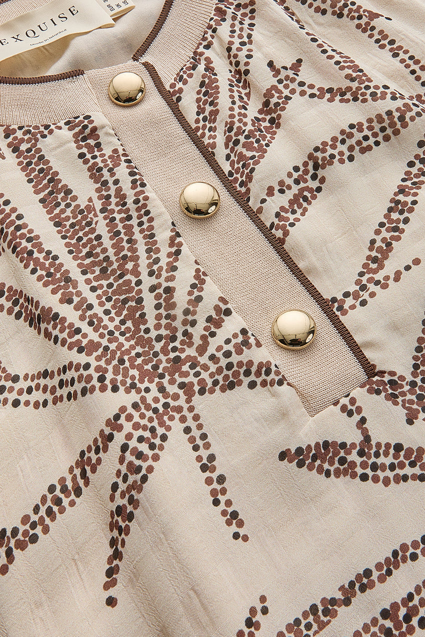 Relaxed Fit Leaf Patterned Rayon Chiffon Blouse with Button Details