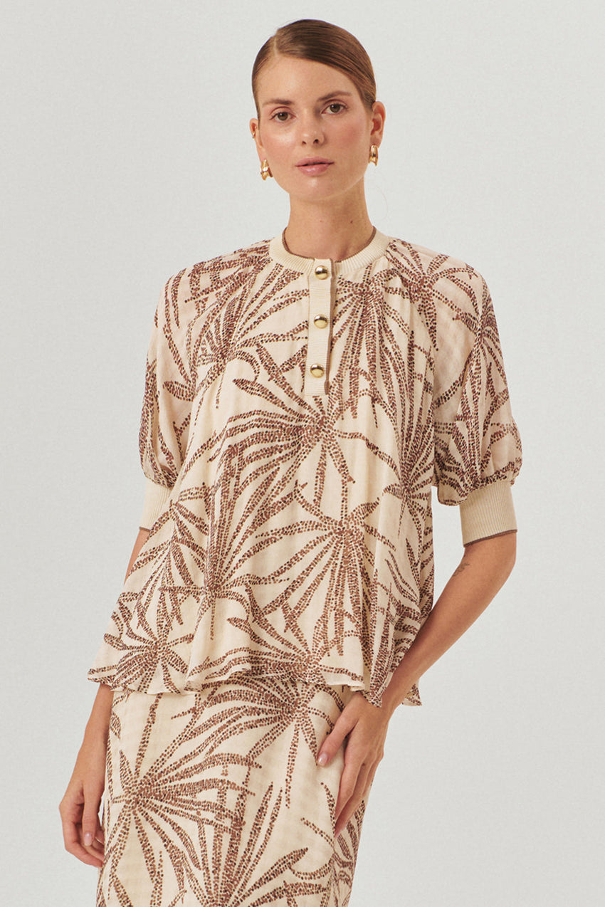 Relaxed Fit Leaf Patterned Rayon Chiffon Blouse with Button Details