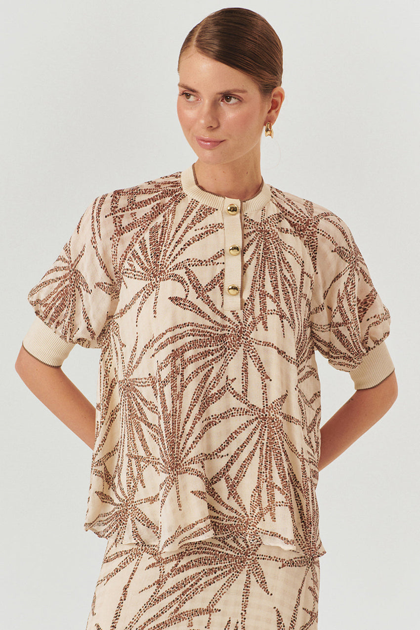 Relaxed Fit Leaf Patterned Rayon Chiffon Blouse with Button Details