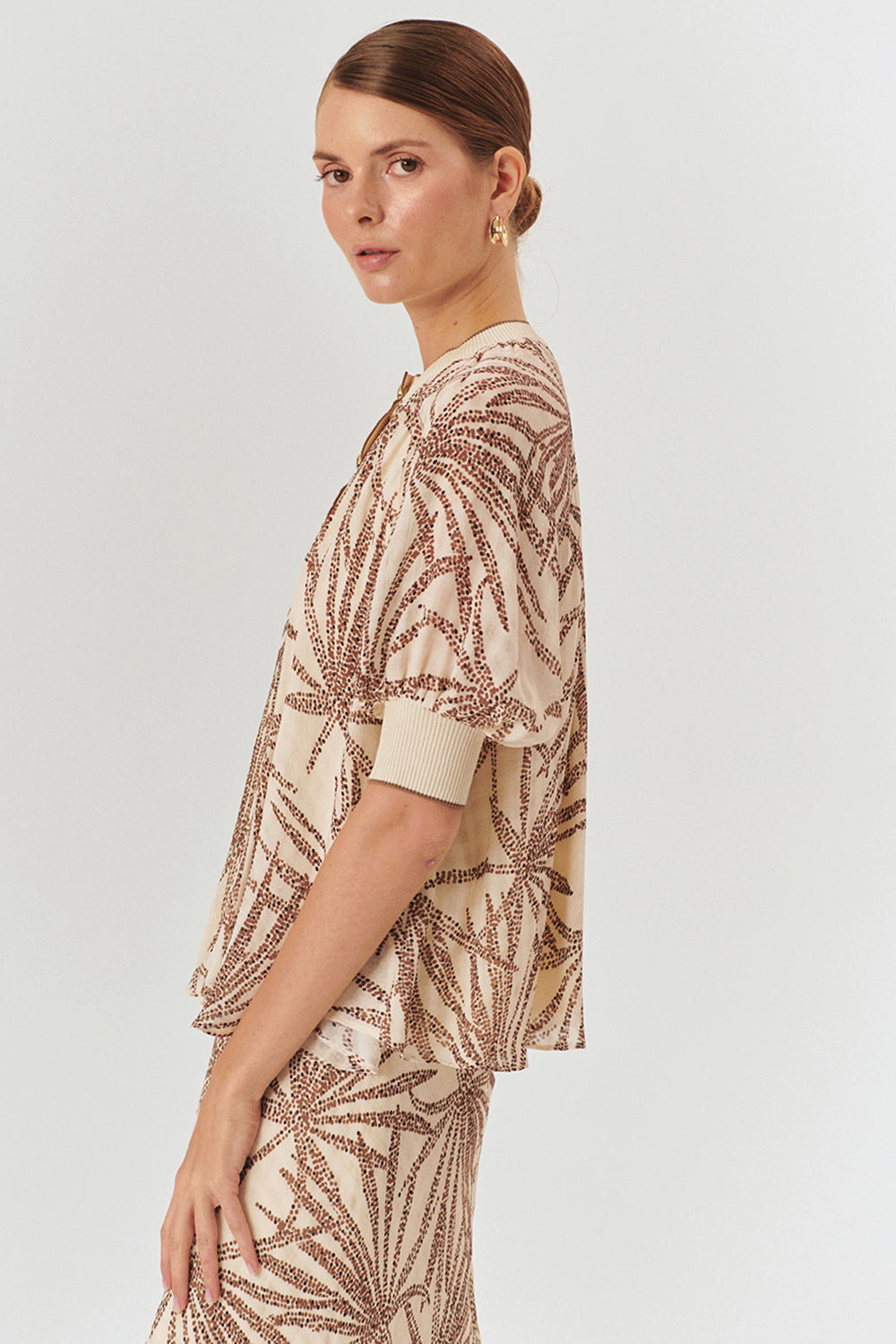 Relaxed Fit Leaf Patterned Rayon Chiffon Blouse with Button Details