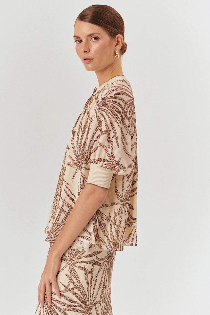 Relaxed Fit Leaf Patterned Rayon Chiffon Blouse with Button Details