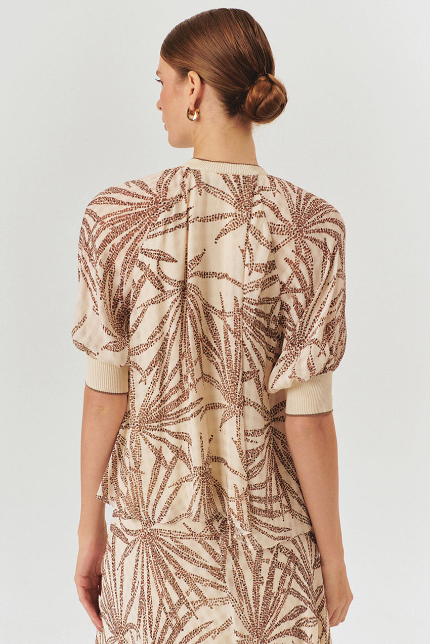 Relaxed Fit Leaf Patterned Rayon Chiffon Blouse with Button Details