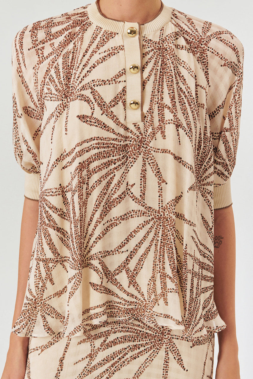 Relaxed Fit Leaf Patterned Rayon Chiffon Blouse with Button Details