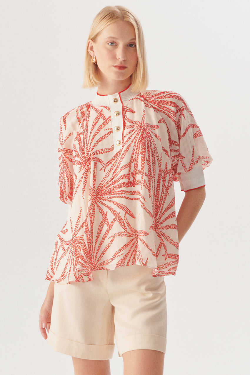 Relaxed Fit Leaf Patterned Rayon Chiffon Blouse with Button Details
