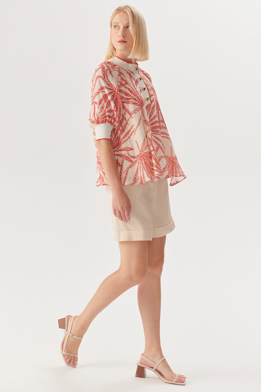 Relaxed Fit Leaf Patterned Rayon Chiffon Blouse with Button Details