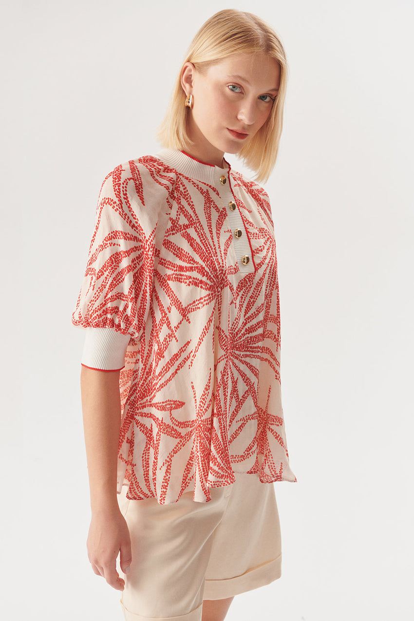 Relaxed Fit Leaf Patterned Rayon Chiffon Blouse with Button Details