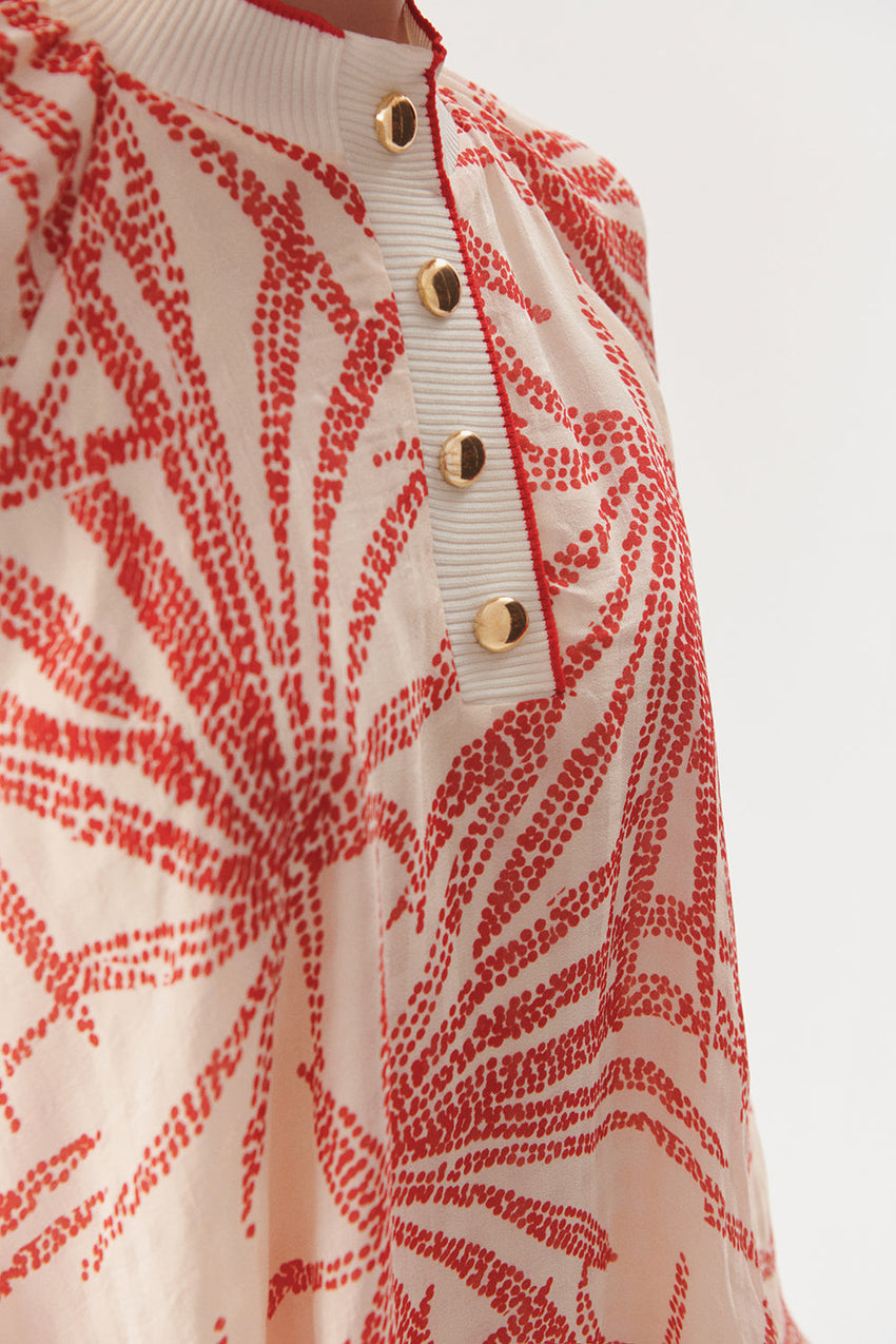 Relaxed Fit Leaf Patterned Rayon Chiffon Blouse with Button Details