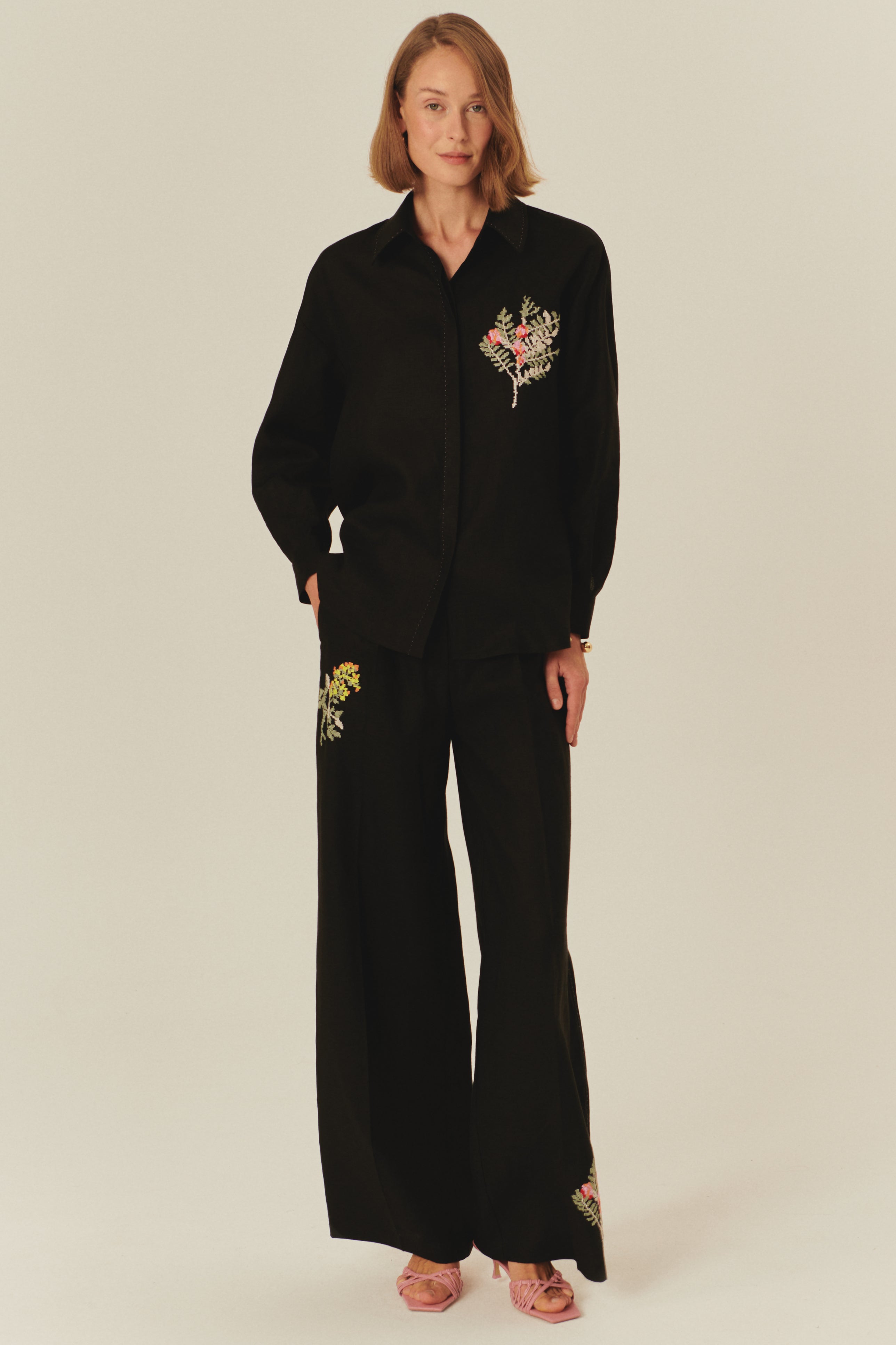 Black Pure Linen High Waist Wide Leg Embroidered Trousers