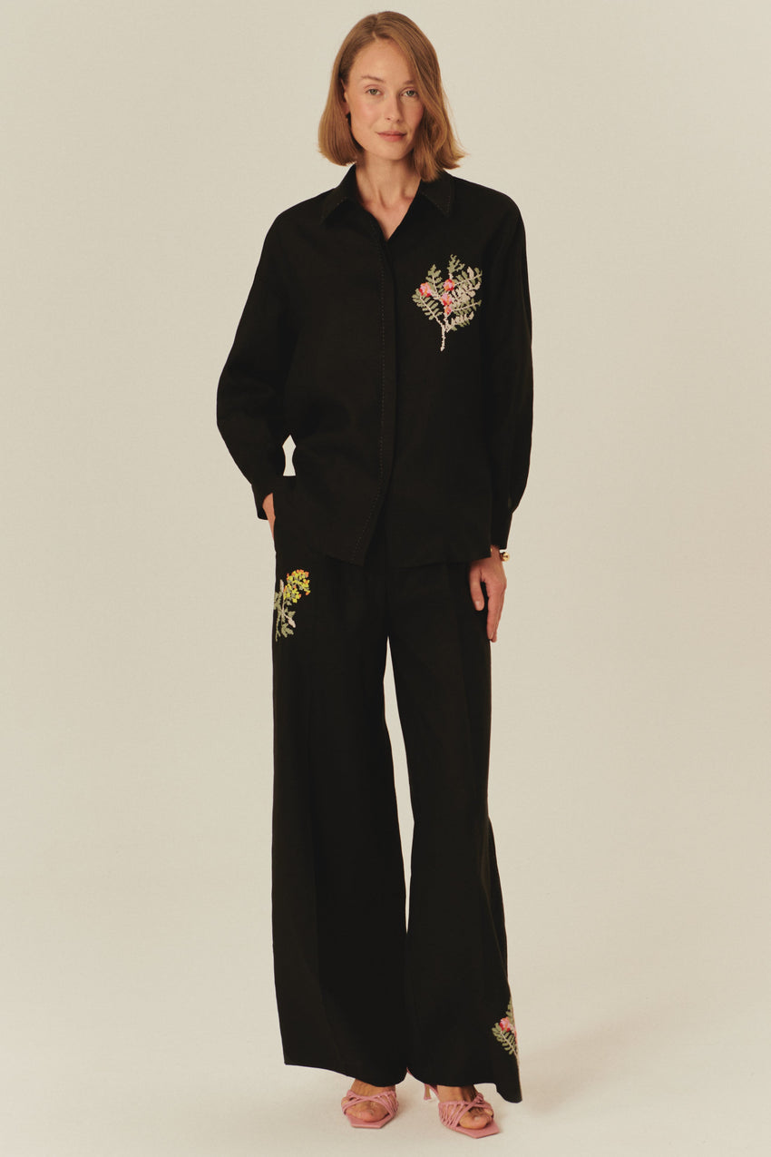Black Pure Linen High Waist Wide Leg Embroidered Trousers