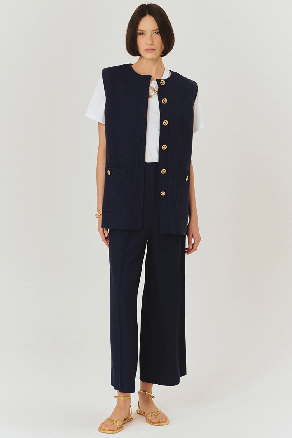 Navy Slim Fit Textured Vest with Gold Button Details, Waist Tie, and Pockets
