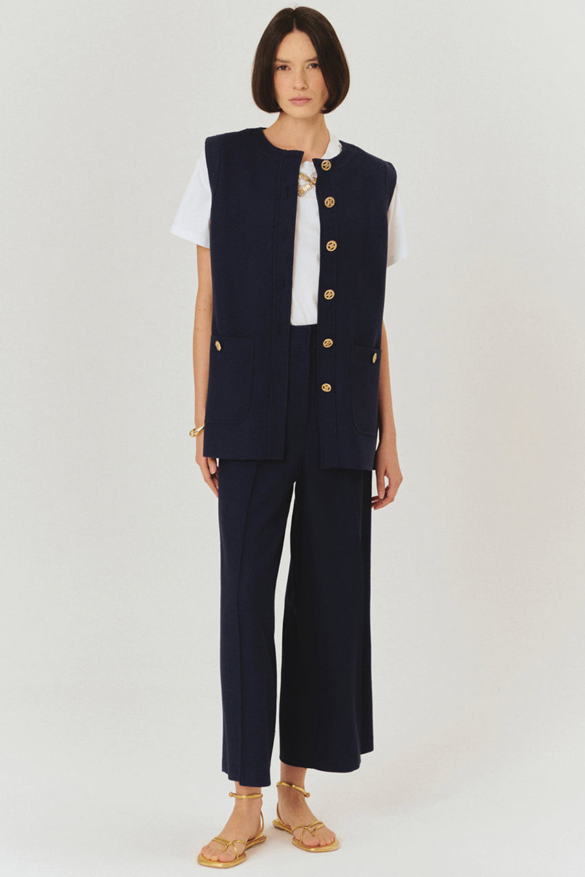 Navy Slim Fit Textured Vest with Gold Button Details, Waist Tie, and Pockets