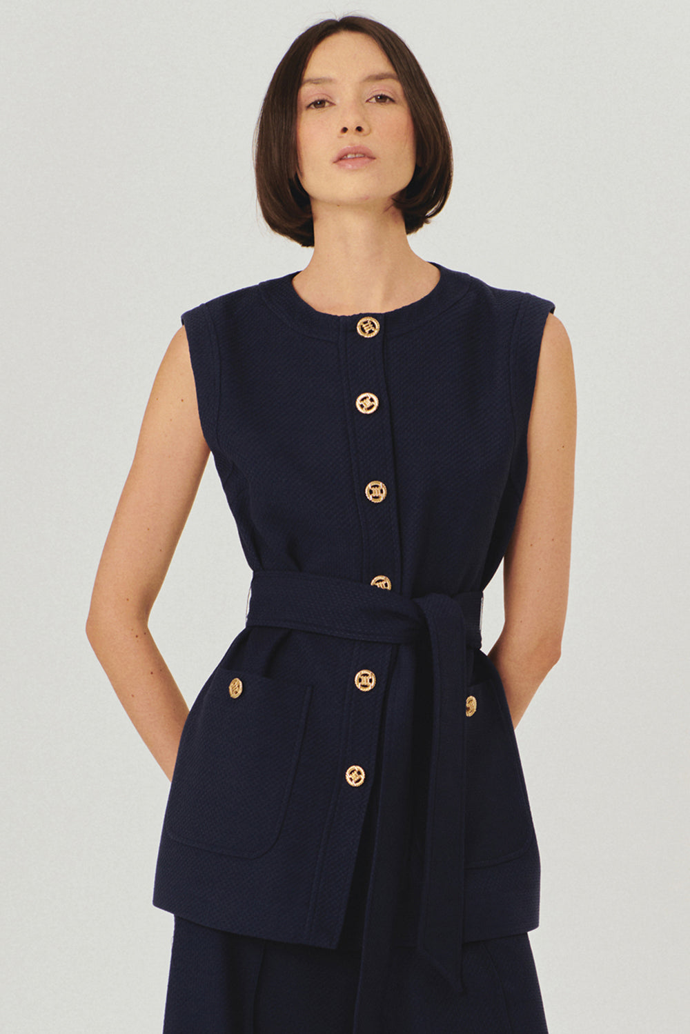 Navy Slim Fit Textured Vest with Gold Button Details, Waist Tie, and Pockets