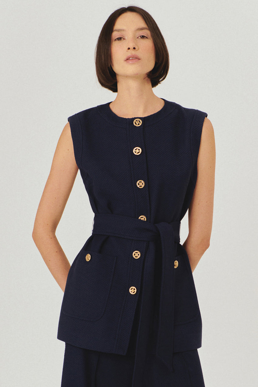 Navy Slim Fit Textured Vest with Gold Button Details, Waist Tie, and Pockets