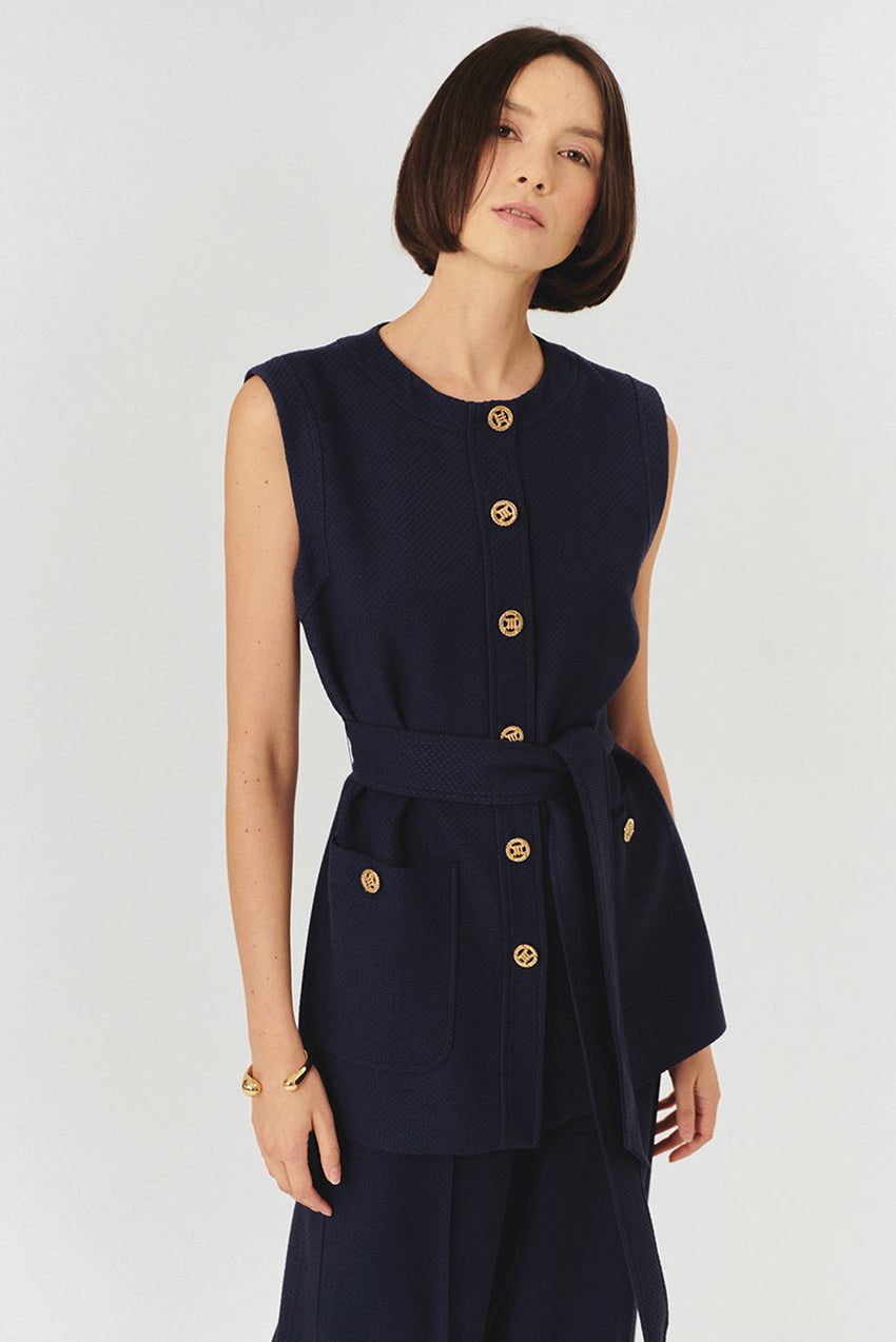 Navy Slim Fit Textured Vest with Gold Button Details, Waist Tie, and Pockets