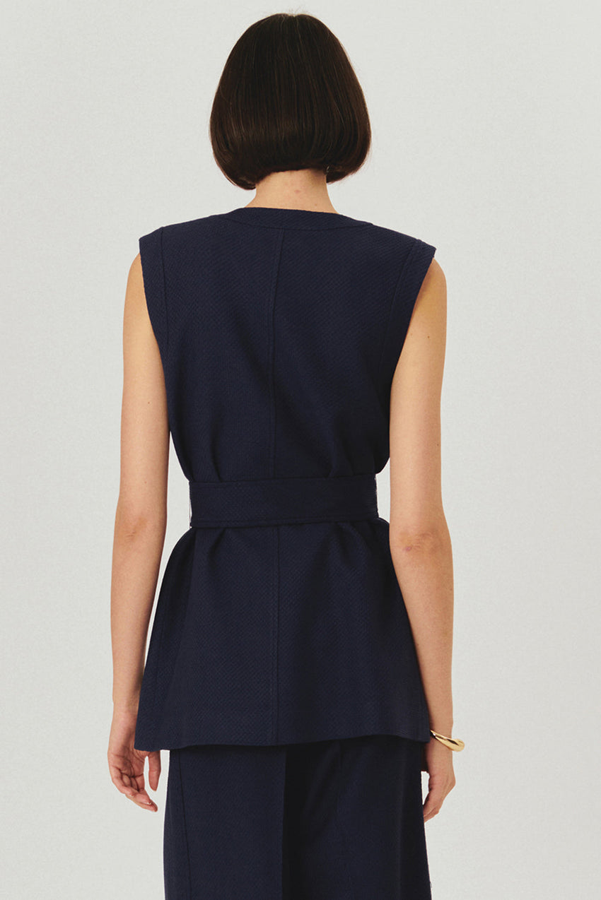 Navy Slim Fit Textured Vest with Gold Button Details, Waist Tie, and Pockets