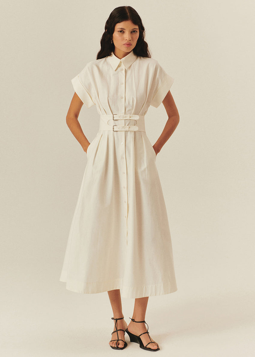 Drop Shoulder Cotton Shirt Dress with Belt