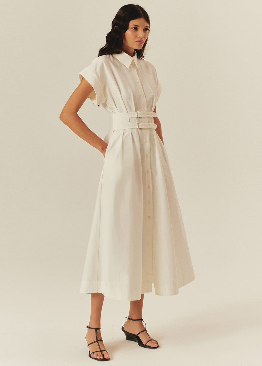 Drop Shoulder Cotton Shirt Dress with Belt