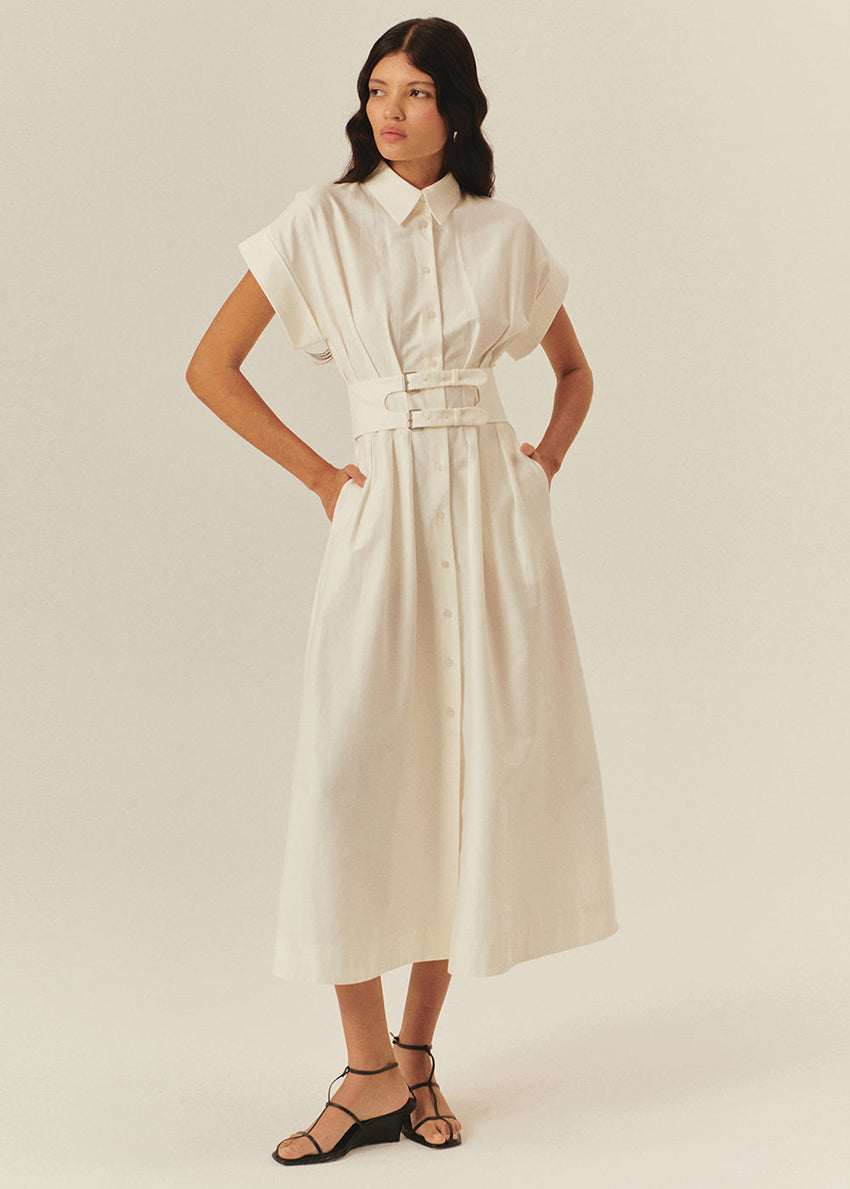 Drop Shoulder Cotton Shirt Dress with Belt