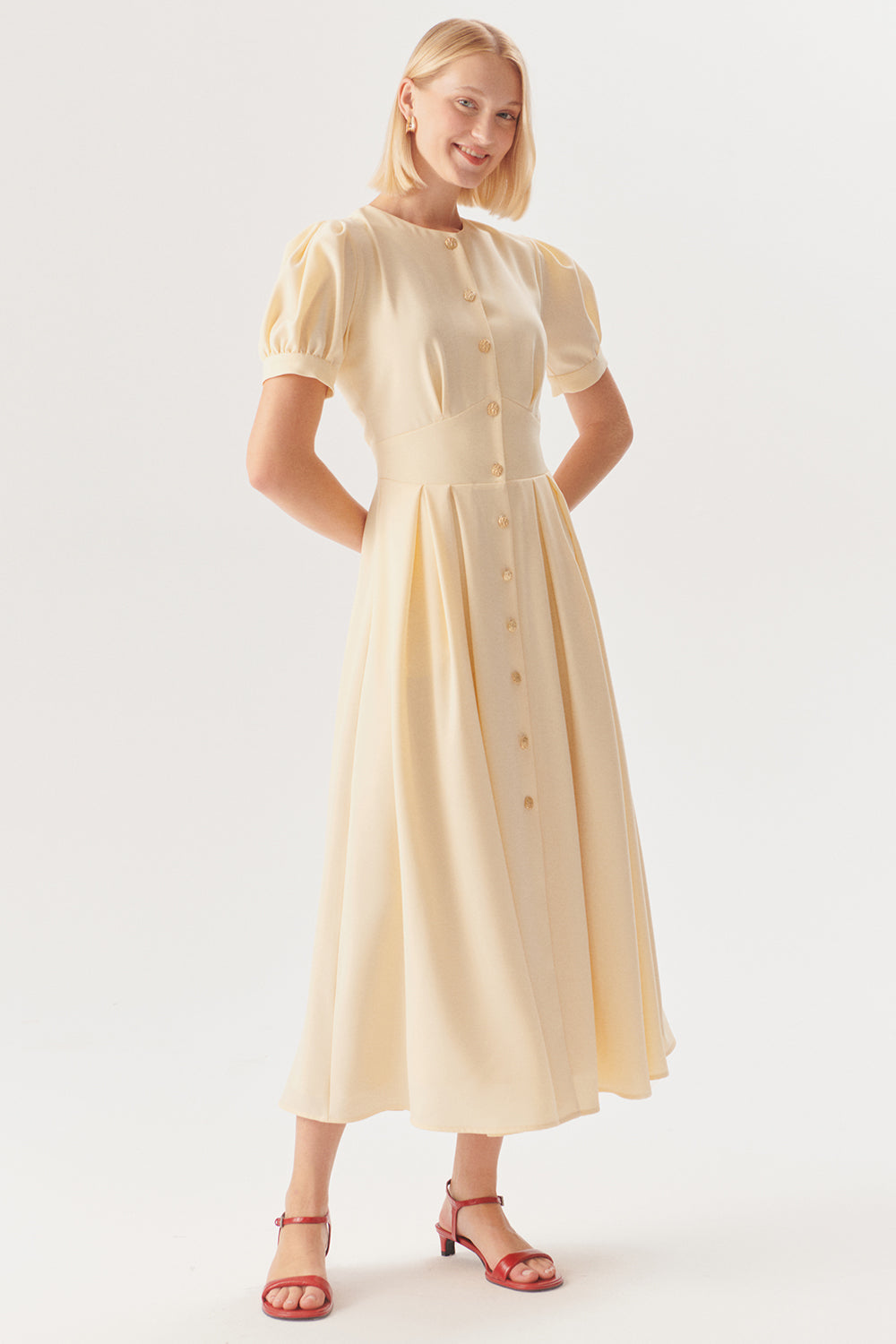 Beige Short Sleeve Dress with Front Buttons and Fitted Waist