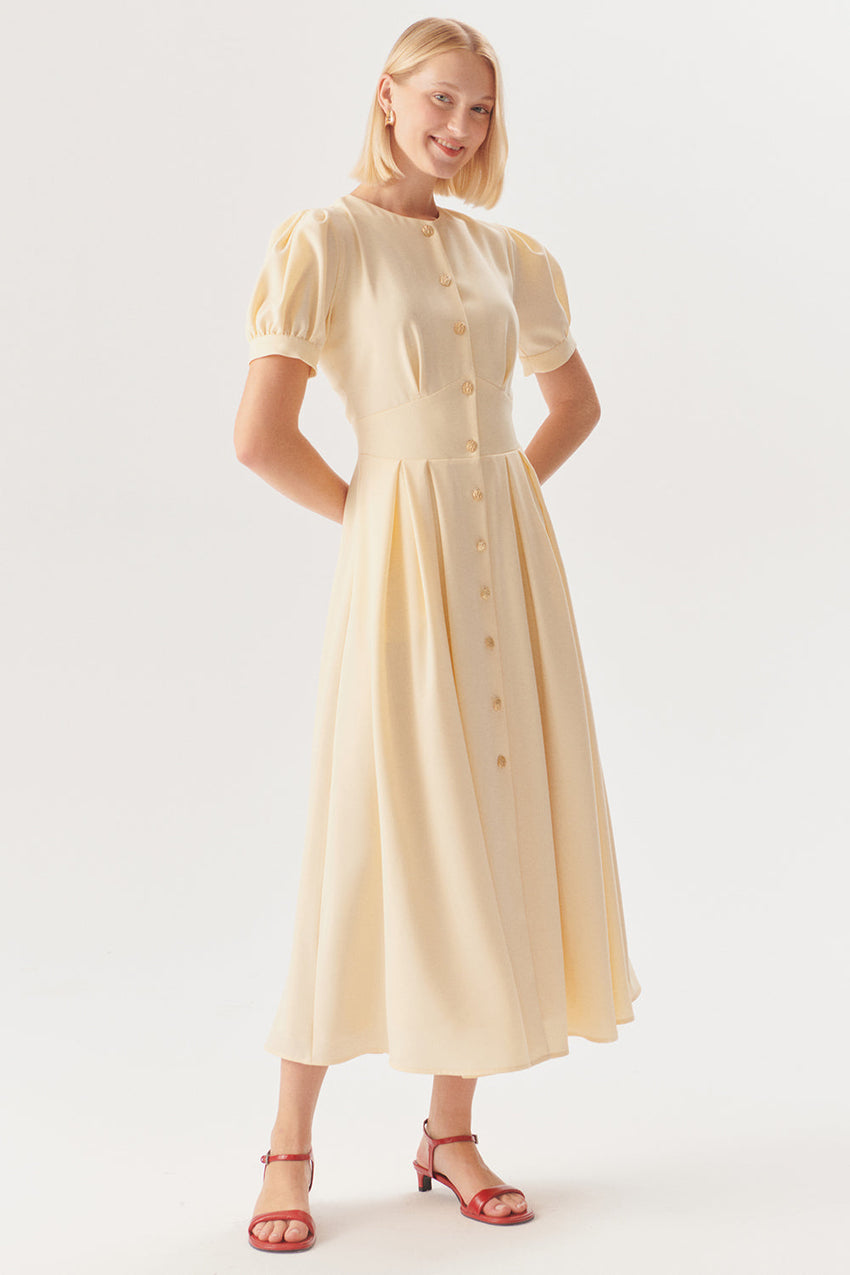 Beige Short Sleeve Dress with Front Buttons and Fitted Waist