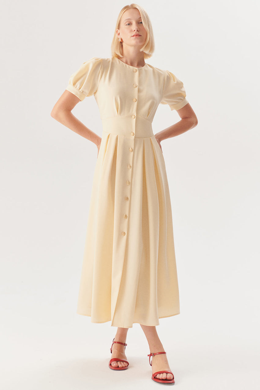 Beige Short Sleeve Dress with Front Buttons and Fitted Waist