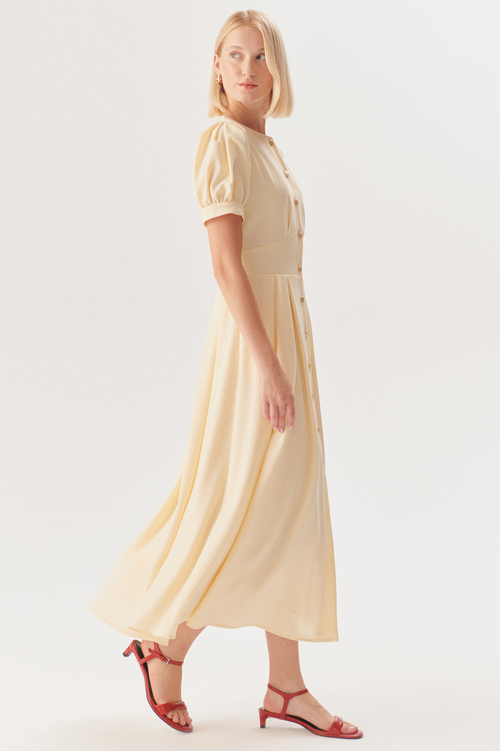 Beige Short Sleeve Dress with Front Buttons and Fitted Waist