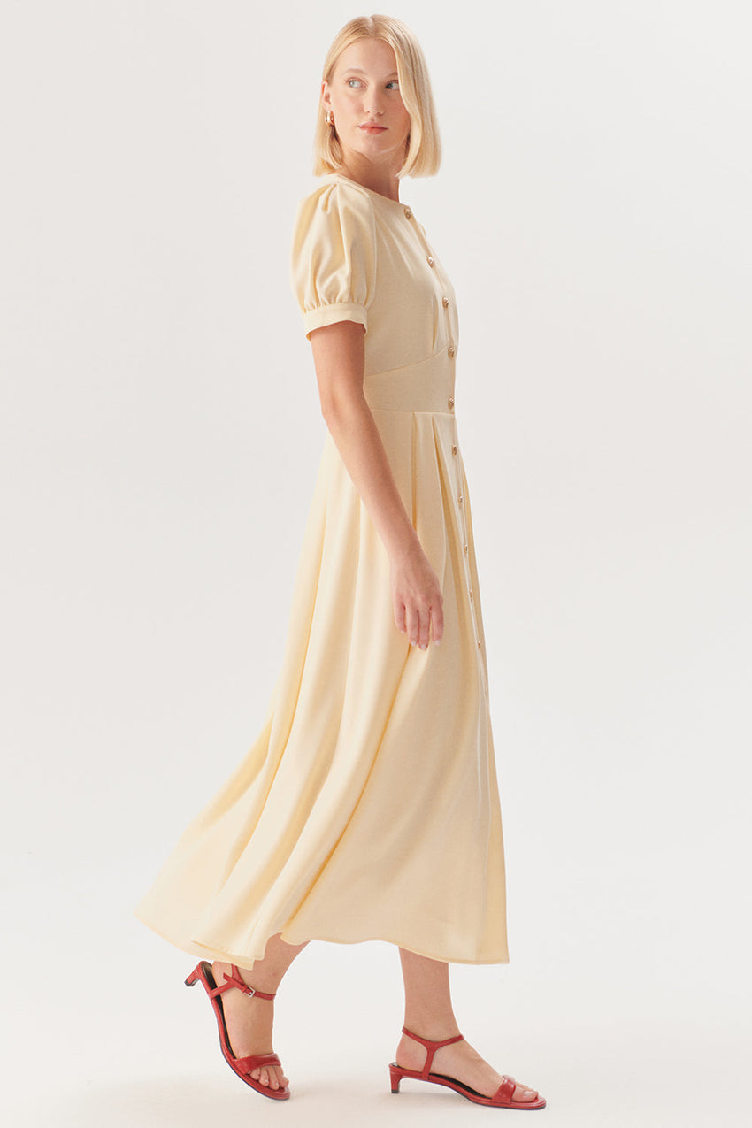 Beige Short Sleeve Dress with Front Buttons and Fitted Waist