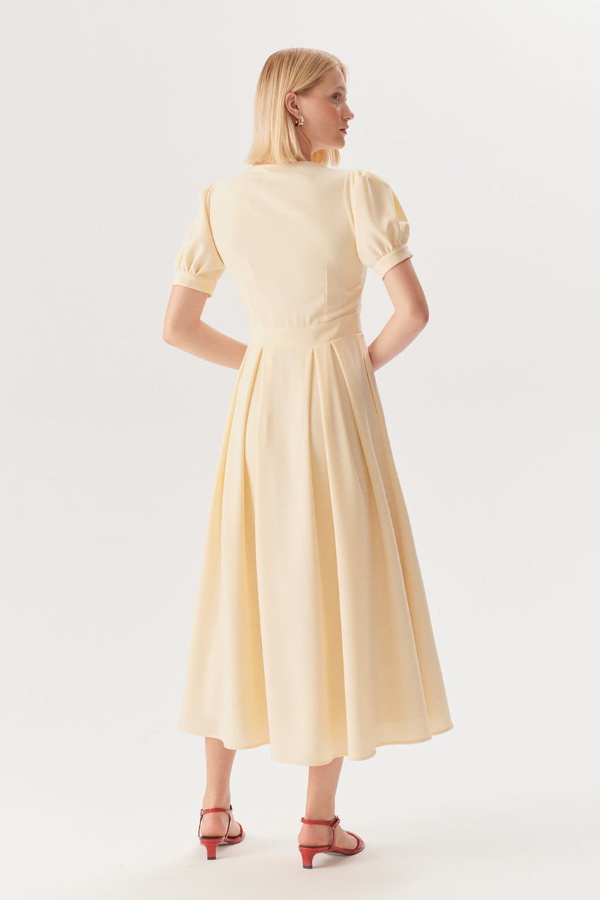 Beige Short Sleeve Dress with Front Buttons and Fitted Waist