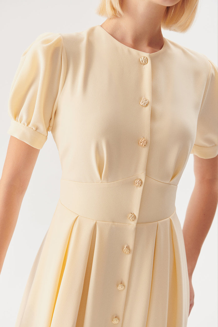 Beige Short Sleeve Dress with Front Buttons and Fitted Waist